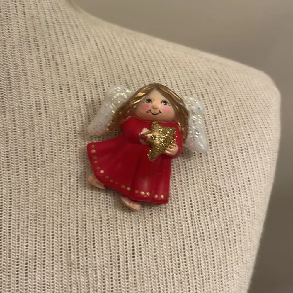 Vintage S. Lehman Red Dress Angel Pin - Brooch Designed for Fun World 1990’s